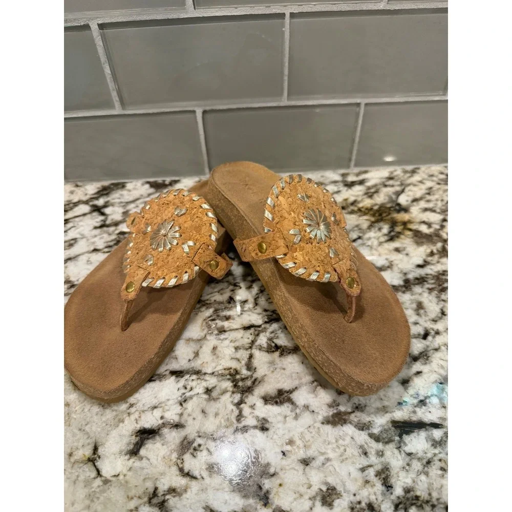 Jack Rogers Youth Girls Cork Silver Whipstitch Jacks Flat Sandals Size 2